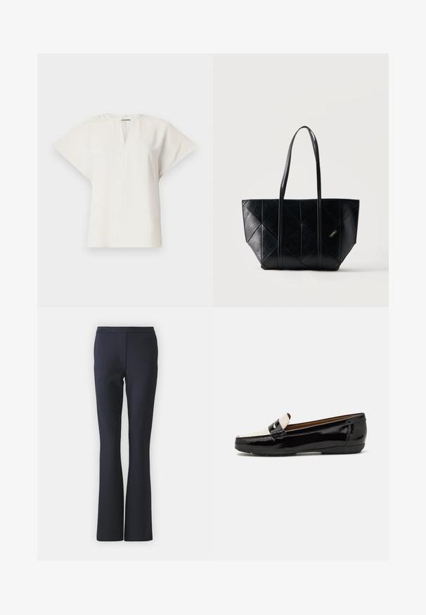 Haut blanc à manches courtes avec un décolleté en V et une silhouette décontractée. Tissu lisse avec un éclat subtil et fentes latérales pour un confort de mouvement.; Pantalon évasé bleu marine en tissu lisse, avec une coupe ajustée, un devant plat et sans quincaillerie ni embellissements visibles.; Mocassin en cuir verni noir avec un capuchon en crème contrastant, des coutures détaillées, et une petite sangle décorative sur le devant.; Sac cabas en cuir noir avec motif matelassé en losanges, deux longues anses et petite étiquette de marque sur le devant.