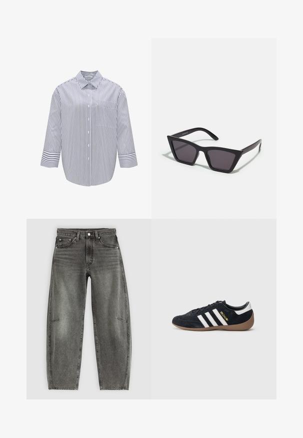 Gestreept overhemd met kraag, witte basis en donkerblauwe verticale strepen. Bevat een borstzak en brede driekwartmouwen.; Hoge taille grijs gewassen denim jeans met vijf zakken, knoopsluiting en een ontspannen rechte pasvorm.; Zwarte suède sneaker met drie witte strepen, een rubberen gumzool en een klein gouden logo aan de zijkant. Heeft een gladde zwarte binnenvoering.; Zwarte, hoekige zonnebril met grijze lenzen; gemaakt van plastic, met dikke armen met een gladde oppervlakte en zonder zichtbare hardware.