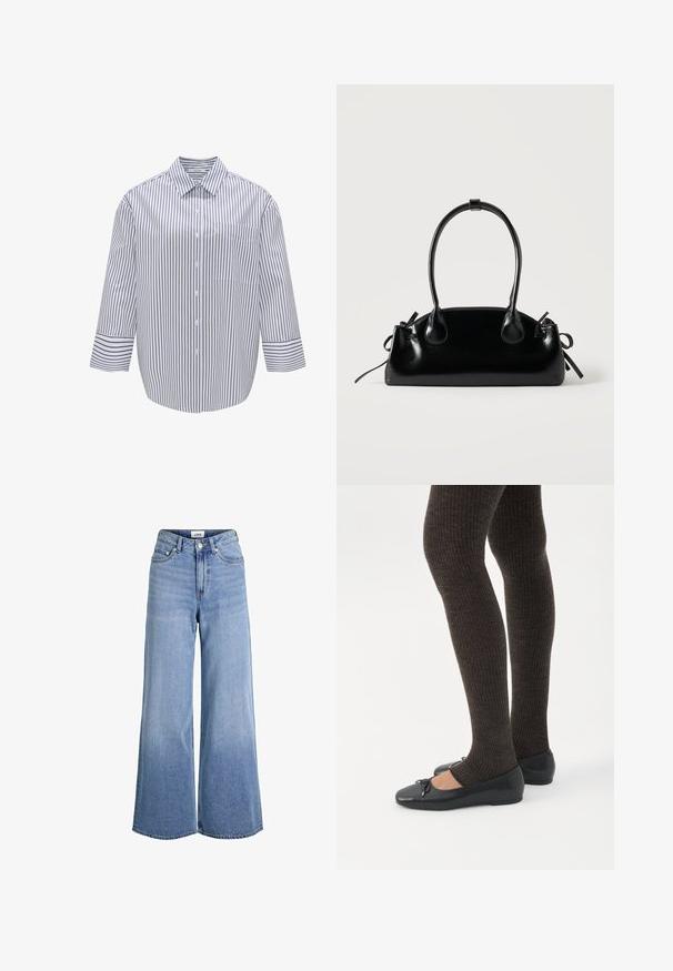 Gestreept overhemd met kraag, witte basis en donkerblauwe verticale strepen. Bevat een borstzak en brede driekwartmouwen.; Lichtblauwe denim jeans met hoge taille, wijde pijpen, voorste knoop- en ritssluiting, riemlussen en een ontwerp met vijf zakken.; Benen met donkere geribbelde leggings gecombineerd met zwarte ballerina's met kleine strikdetails op een witte achtergrond.; Kleine zwarte glanzende handtas met twee lange hengsels en zijkant trekkoord details op een effen lichte achtergrond.