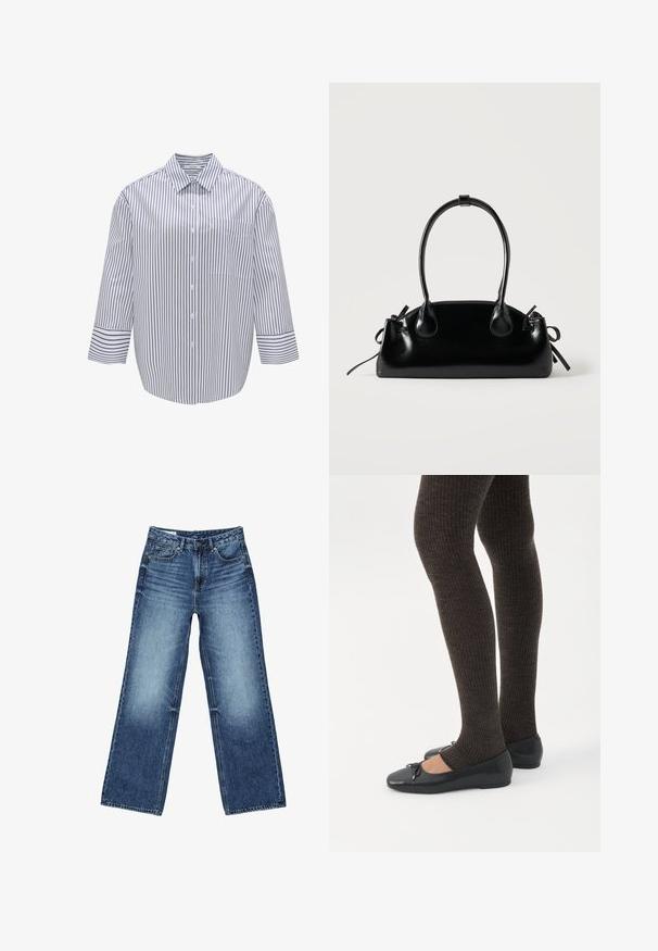 Gestreept overhemd met kraag, witte basis en donkerblauwe verticale strepen. Bevat een borstzak en brede driekwartmouwen.; Blauwe denim jeans met wijde pijpen, voorzakken en muntzakje, knoopsluiting en een vervaagde wassing op de dijen en knieën.; Benen met donkere geribbelde leggings gecombineerd met zwarte ballerina's met kleine strikdetails op een witte achtergrond.; Kleine zwarte glanzende handtas met twee lange hengsels en zijkant trekkoord details op een effen lichte achtergrond.