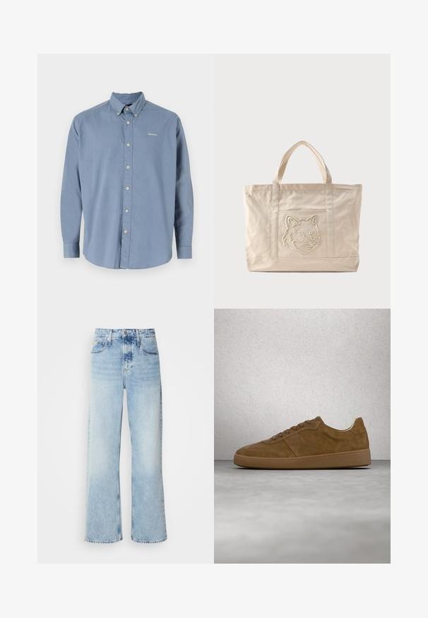 Helles blaues Langarmhemd mit Button-Down-Kragen, vorderen Knöpfen und gesticktem "Barbour"-Logo. Hergestellt aus weichem, strukturiertem Stoff.; Helle blaue weite Jeans mit hoher Taille, in verwaschenem Finish, mit Gürtelschlaufen und klassischem Fünf-Taschen-Design. Der Saum ist ungesäumt.; Brauner Veloursleder-Sneaker mit hellbraunen Schnürsenkeln und Gummisohle. Verfügt über eine abgerundete Zehenpartie und gestickte Details am Obermaterial. Leichtes Design.; Beige Canvas-Tragetasche mit doppelten Griffen und einem geprägten Wolfskopfdesign auf der Fronttasche.