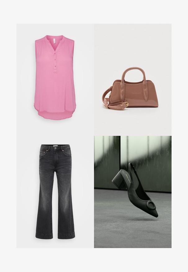 Ermeløs lyserød blouse med v-hals og femknaps lukning. Blødt stof med en let tekstureret overflade og en afrundet kant.; Sorte brede ben jeans med høj talje, lavet af denim. Har forlommer, kobbernitter og synlige sømme langs sømmenes kant.; Sort læder slingback højhælede sko med spids tå og rund spænde, placeret mod en grå gulv og sløret baggrund.; Skinnende lyserød håndtaske med to øverste håndtag, en aftagelig skulderrem og dekorative syningsdetaljer. Kompakt, struktureret form.