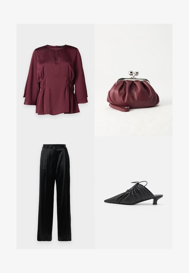 Bordeaux blouse met een ronde halslijn, lange belmouwen en geplooide zijdetails. Gemaakt van een zachte stof met een losse pasvorm.; Zwarte satijnen hoge taillebroek met rechte wijde pijpen, riemlussen en een platte sluiting op een effen witte achtergrond.; Zwarte leren instappers met een spitse neus, gegatherde textuur en een kleine kittenhiel. Heeft een trekkoorddetail aan de opening.; Kleine bordeauxrode leren clutch-portemonnee met zilverkleurige metalen sluiting en polsbandje op een witte achtergrond.