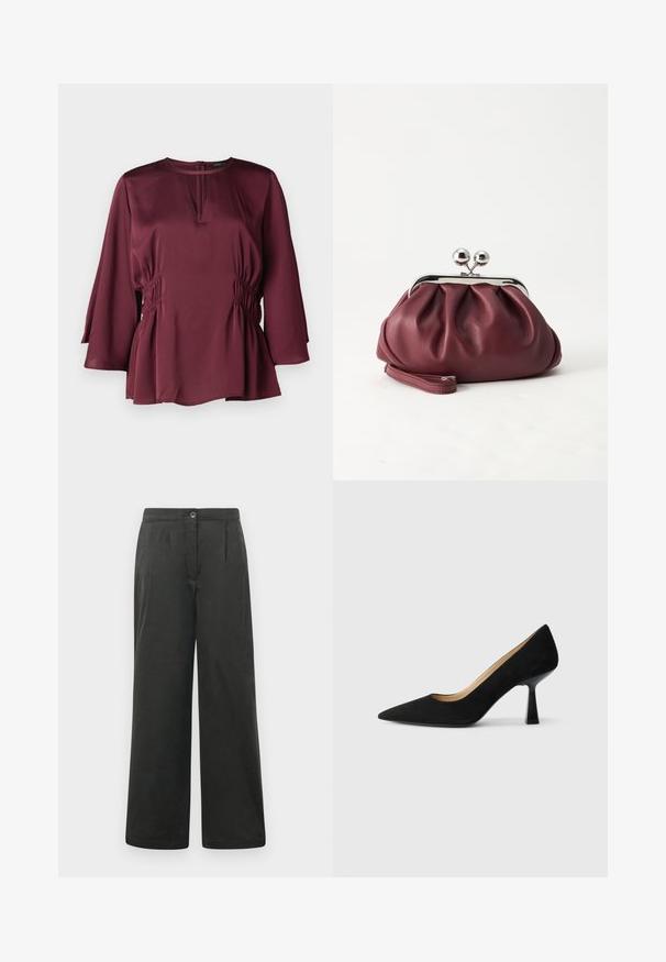 Blusa burdeos con escote redondo, mangas largas tipo campana y detalles acanalados en los lados. Fabricada en tejido suave con un corte holgado.; Pantalones de pierna ancha negros con textura suave, con pliegues en la parte delantera, cierre de botón y cintura elástica para mayor comodidad.; Zapato de tacón alto de ante negro con punta afilada, que cuenta con un tacón de bloque negro brillante y un forro interior suave.; Pequeño bolso de mano de cuero burdeos con cierre metálico plateado y correa de muñeca sobre un fondo blanco.