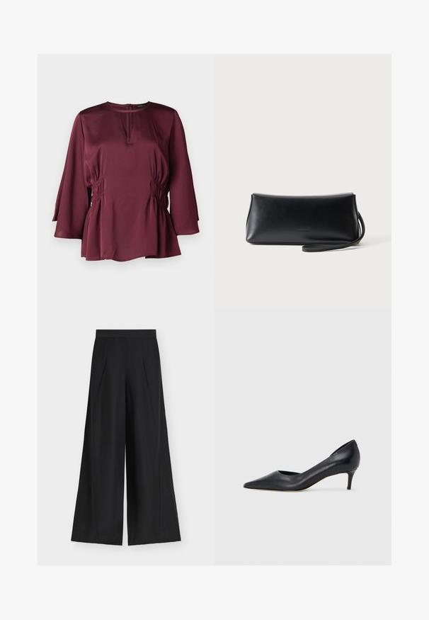 Blusa burdeos con escote redondo, mangas largas tipo campana y detalles acanalados en los lados. Fabricada en tejido suave con un corte holgado.; Pantalones negros de pierna ancha con cintura alta y pliegues delanteros, mostrados extendidos sobre un fondo claro.; Zapato de tacón bajo de cuero negro con punta puntiaguda. Presenta una textura lisa y un brillo sutil. Corte abierto en la parte frontal para un detalle adicional.; Bolso de mano de cuero negro liso con correa delgada para la muñeca, forma rectangular y logo sutil en relieve centrado en el frente.