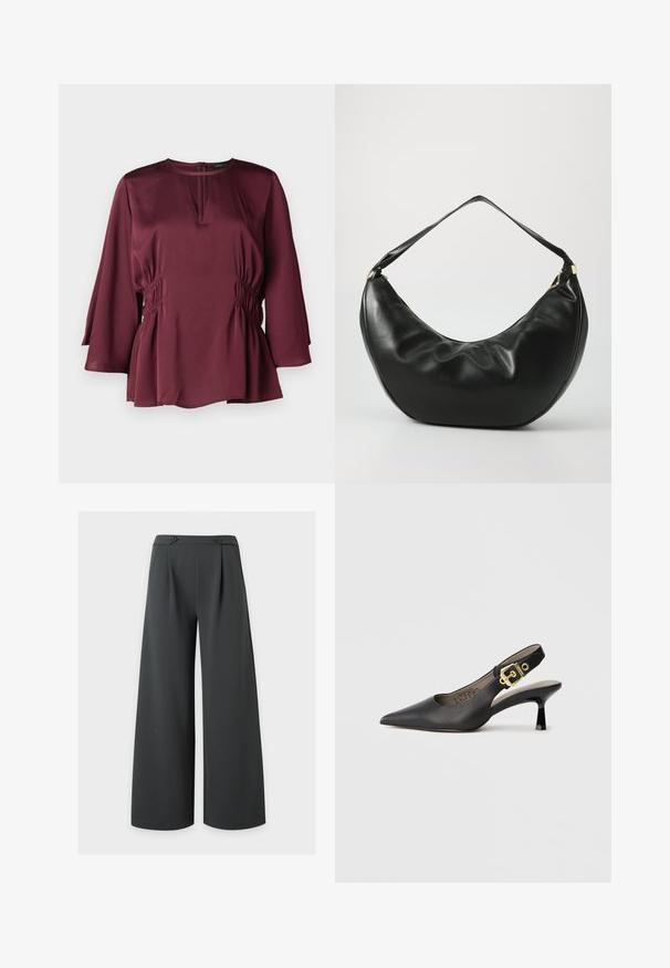 Bordeaux blouse met een ronde halslijn, lange belmouwen en geplooide zijdetails. Gemaakt van een zachte stof met een losse pasvorm.; Zwarte broek met wijde pijpen en een hoge taille met twee knopen in de tailleband, getoond tegen een effen lichte achtergrond.; Zwarte slingback hoge hak schoenen met een spitse neus, een gladde leren textuur en een gouden gespaccent op de band.; Zwarte leren schoudertas met een gebogen vorm, zachte textuur en een enkele schouderband; beschikt over een gouden rits en subtiele branding.