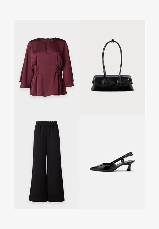 Bordeaux blouse met een ronde halslijn, lange belmouwen en geplooide zijdetails. Gemaakt van een zachte stof met een losse pasvorm.; Zwarte wijde broek met een elastische tailleband, gemaakt van textiel stof, met een losse pasvorm en rechte zoom.; Zwarte lakleren slingback kitten heel schoen met spitse neus en verstelbare gouden gespsluiting op een witte achtergrond.; Zwarte leren handtas met twee lange handvatten, een gladde textuur en een ronde bodem met decoratieve accenten aan de zijkanten.