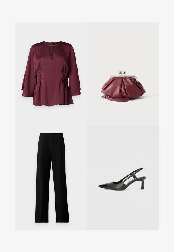 Bordeaux blouse met een ronde halslijn, lange belmouwen en geplooide zijdetails. Gemaakt van een zachte stof met een losse pasvorm.; Zwarte wijde broeken van gladde stof, met een platte tailleband en voorplooien voor een verfijnde uitstraling. Geen zichtbare hardware of patronen.; Zwarte leren slingback schoen met een puntige neus, voorzien van een glanzend detail op de neuskap en een hak van gemiddelde hoogte. Open zijkant ontwerp.; Kleine bordeauxrode leren clutch met zilveren metalen gesp en polsriem op een witte achtergrond.