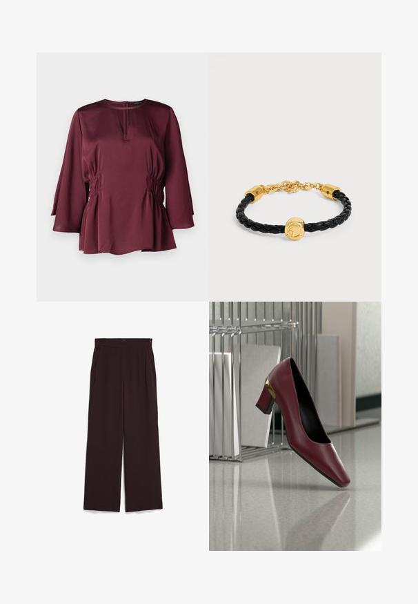Bordeauxfarbene Bluse mit einem runden Ausschnitt, langen Glockenärmeln und gerafften seitlichen Details. Hergestellt aus glattem Stoff mit lockerer Passform.; Weite Hose aus dunkelbraunem Stoff mit hohem Bund und seitlichen Taschen. Glatte Textur mit sauberem Finish.; Ein einzelner burgunderfarbener Lederschuh mit Blockabsatz und goldenem Akzent schwebt nahe einem glänzenden Boden und einem Metallaktehalter mit Dokumenten.; Schwarzes geflochtenes Lederarmband mit goldenen Metallschließen, einer Goldkette und einem runden, goldenen Mittelanhänger mit eingraviertem Löwenkopf.