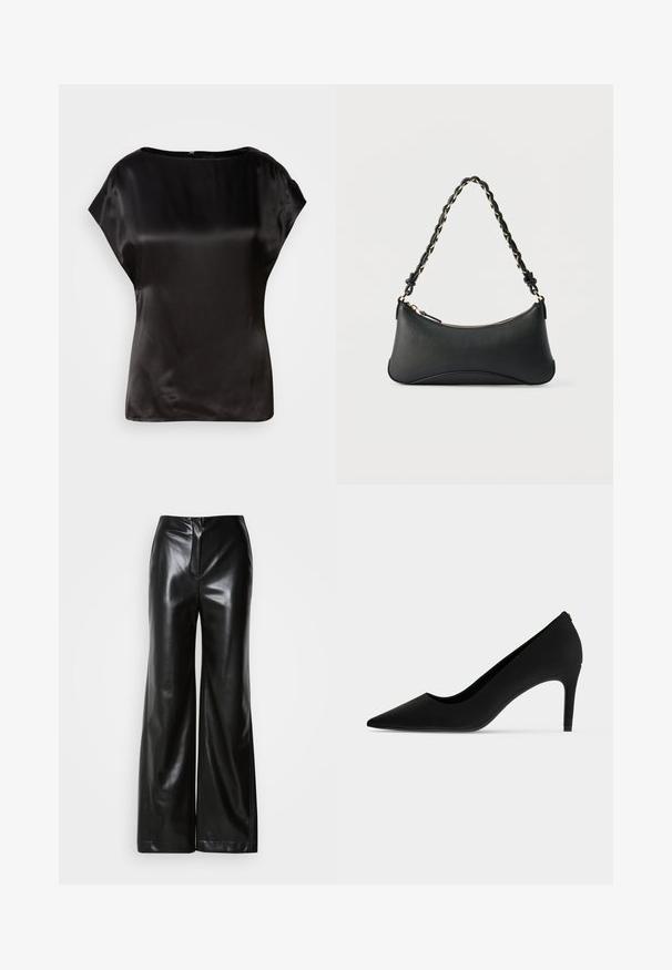 Top en satin noir avec un col bateau, des manches courtes et un léger éclat. Présente une fermeture éclair dissimulée au dos. Texture lisse.; Pantalons larges en cuir noir avec une texture lisse, taille haute et fermeture éclair frontale dissimulée. Coupe ajustée avec une finition soignée.; Chaussure à talon haut noire à bout pointu avec un talon fin et une finition mate et lisse, vue de profil sur fond blanc.; Sac à bandoulière en cuir noir de forme rectangulaire incurvée, avec une chaîne dorée tissée dans la bandoulière noire tressée et une fermeture éclair sur le dessus.