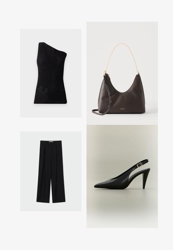 Haut noir à une épaule en tissu texturé, présentant un motif en côtes et une coupe ajustée. Fini lisse sans matériel visible.; Pantalon noir taille haute à jambes larges avec passants de ceinture et plis devant, présenté sur un fond gris clair.; Escarpin à bride arrière en cuir noir avec bout pointu, boucle dorée et talon effilé sur un fond neutre.; Sac à épaule en cuir brun foncé avec poignée chaîne dorée, longue bandoulière réglable et logo Calvin Klein à l'avant.