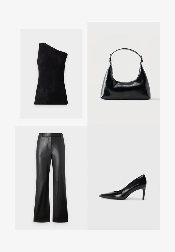 Haut noir à une épaule en tissu texturé, présentant un motif en côtes et une coupe ajustée. Fini lisse sans matériel visible.; Pantalons en cuir noir avec une texture lisse, design à jambes larges et une taille mi-haute dotée de passants de ceinture et de poches avant.; Chaussure à talon haut en cuir noir avec un bout pointu, texture lisse et un talon effilé. Design minimaliste, sans embellissements supplémentaires.; Sac à main Calvin Klein noir brillant avec fermeture éclair dorée et anse courte sur fond blanc uni.