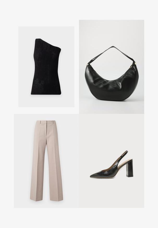 Haut noir à une épaule en tissu texturé, présentant un motif en côtes et une coupe ajustée. Fini lisse sans matériel visible.; Pantalons beige à jambes larges en tissu lisse, avec une taille haute, des plis avant et une silhouette ajustée.; Chaussure slingback en cuir noir à bout pointu avec un talon bloc haut et une doublure intérieure beige sur un fond clair uni.; Sac à épaule en cuir noir, de forme courbée, avec une texture douce et une seule sangle; il comporte une fermeture éclair dorée et un logo discret.