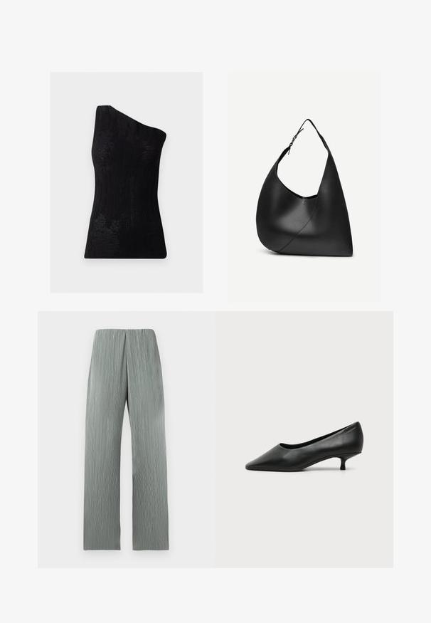 Haut noir à une épaule en tissu texturé, présentant un motif en côtes et une coupe ajustée. Fini lisse sans matériel visible.; Pantalon large gris clair à taille haute avec des lignes texturées verticales, présenté sur un fond blanc uni.; Escarpin femme en cuir noir à petit talon, bout pointu et petit talon kitten sur fond clair uni.; Sac à épaule en cuir noir avec forme triangulaire incurvée, une seule sangle ajustable, et une couture diagonale visible à l'avant.