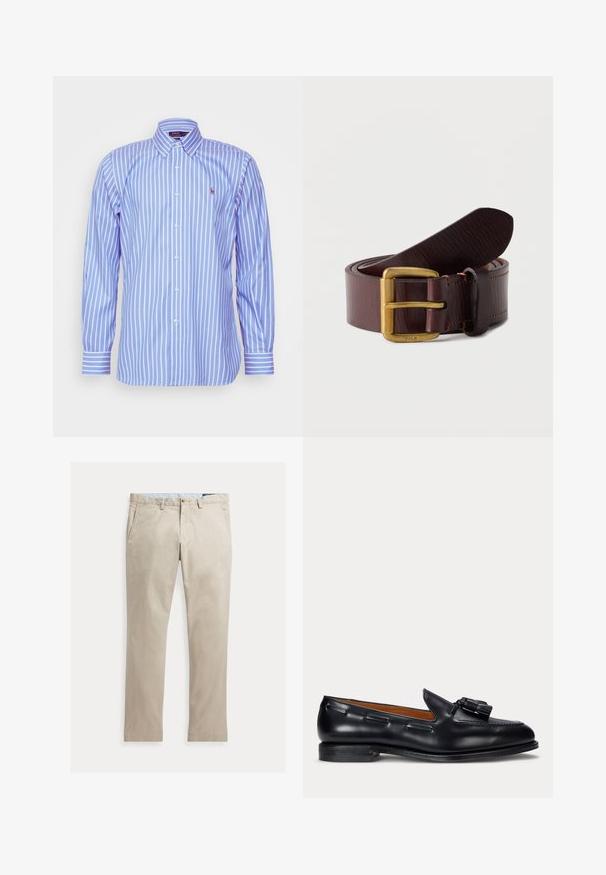 Polo Ralph Lauren CUSTOM FIT STRIPED PINPOINT OXFORD SHIRT - Overhemd - blue/white; Beige katoenen broek met rechte pijpen, voorzakken, riemlussen, knoopsluiting en ritssluiting, plat liggend op een witte achtergrond.; Zwarte leren loafer met kwastdetail en lage hak, zijaanzicht tegen een effen achtergrond.; Donkerbruine leren riem opgerold met een messing gesp waarop het woord Polo is gegraveerd, tegen een effen witte achtergrond.