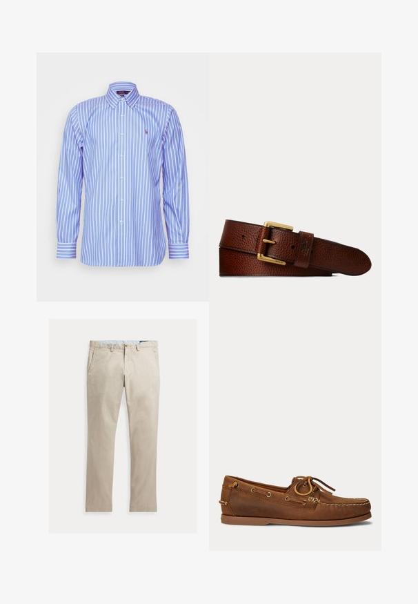 Polo Ralph Lauren CUSTOM FIT STRIPED PINPOINT OXFORD SHIRT - Pluus - blue/white; Beežid sirgete säärega puuvillased püksid ees taskute, vööaasade, nööbi- ja tõmblukuga, laotatud valgel taustal.; Pruun nahast paatjalats mokasiinõmblusega, paela detail metallist silmuste kaudu tõmmatud ja lame kummist tald küljepealt vaadatuna.; Pruun tekstureeritud nahkvöö kuldse ristkülikukujulise pandlaga, millel on pandla otsas graveeritud "Polo" ning väikese reljeefse logoga aas.