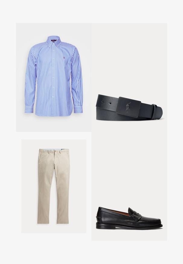Polo Ralph Lauren CUSTOM FIT STRIPED PINPOINT OXFORD SHIRT - Overhemd - blue/white; Beige katoenen broek met rechte pijpen, voorzakken, riemlussen, knoopsluiting en ritssluiting, plat liggend op een witte achtergrond.; Zwarte leren loafer met lage hak en penny-strap detail, van opzij getoond op een lichtgrijze achtergrond.; Zwarte leren riem met een zwarte rechthoekige gesp met een geperst polo-speler logo.