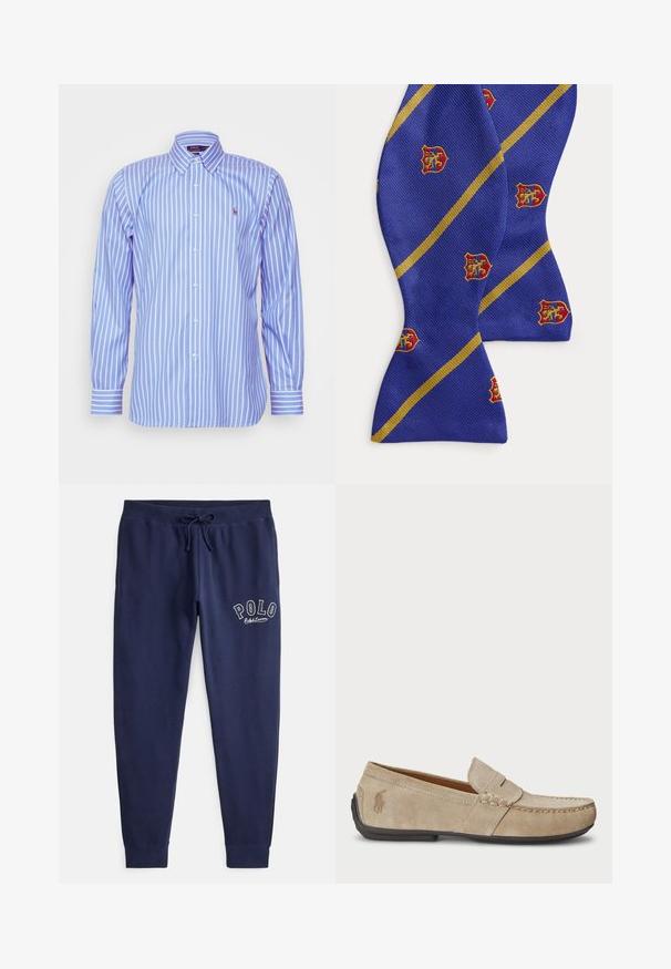 Polo Ralph Lauren CUSTOM FIT STRIPED PINPOINT OXFORD SHIRT - Πουκάμισο - blue/white; Μπλε ναυτικού χρώματος βαμβακερά παντελόνια τζόγκερ με ελαστική μέση και ρυθμιζόμενο κορδόνι. Διαθέτουν κεντητό λογότυπο «POLO» σε λευκό χρώμα στο αριστερό μπούτι.; Μπεζ σουέτ μοκασίνια με ραμμένο σχέδιο, επίπεδη καουτσούκ σόλα και μικρό λογότυπο στο πλάι. Κλασικός σχεδιασμός που φοριέται εύκολα, μαλακή υφή.; Μπλε παπιγιόν με διαγώνιες κίτρινες ρίγες και μικρά κόκκινα και χρυσά έμβλημα σε σχήμα ασπίδας διάσπαρτα στο ύφασμα.