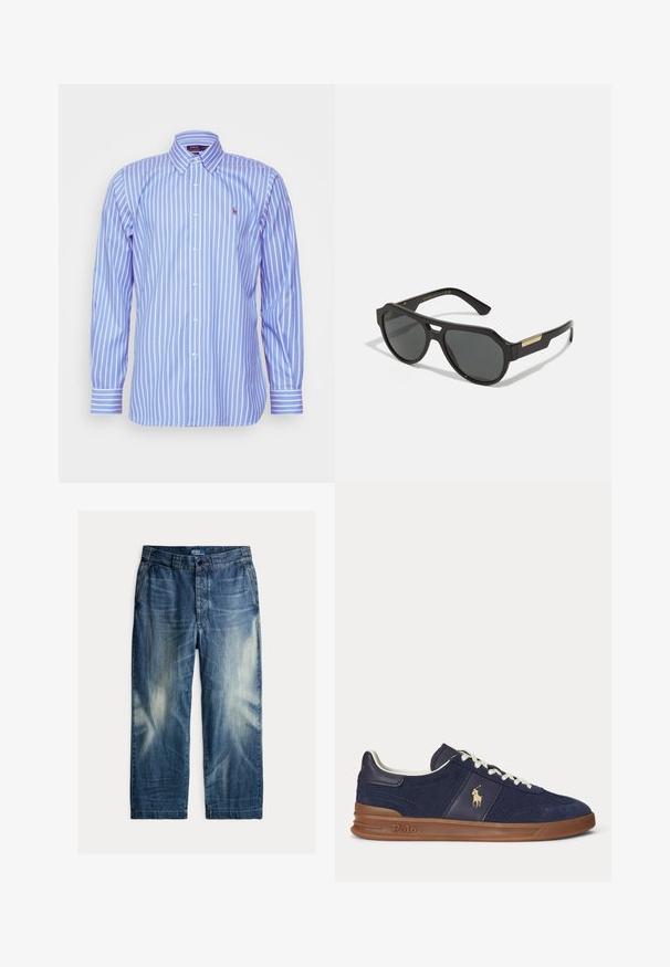 Polo Ralph Lauren CUSTOM FIT STRIPED PINPOINT OXFORD SHIRT - Πουκάμισο - blue/white; Μπλε ξεθωριασμένο τζιν με μπροστινές τσέπες, θηλιές για ζώνη, κλείσιμο με κουμπί και ετικέτα "Polo by Ralph Lauren" στην εσωτερική μέση.; Σκούρο μπλε χαμηλό sneaker με άσπρα κορδόνια, καφέ σόλα και λογότυπο παίκτη πόλο στο πλάι, σε θέαση από αριστερά.; Μαύρα γυαλιά ηλίου με γεωμετρικό σκελετό, φιμέ φακούς και χρυσές πινελιές στους βραχίονες. Λείος πλαστικός υλικό με ματ φινίρισμα.