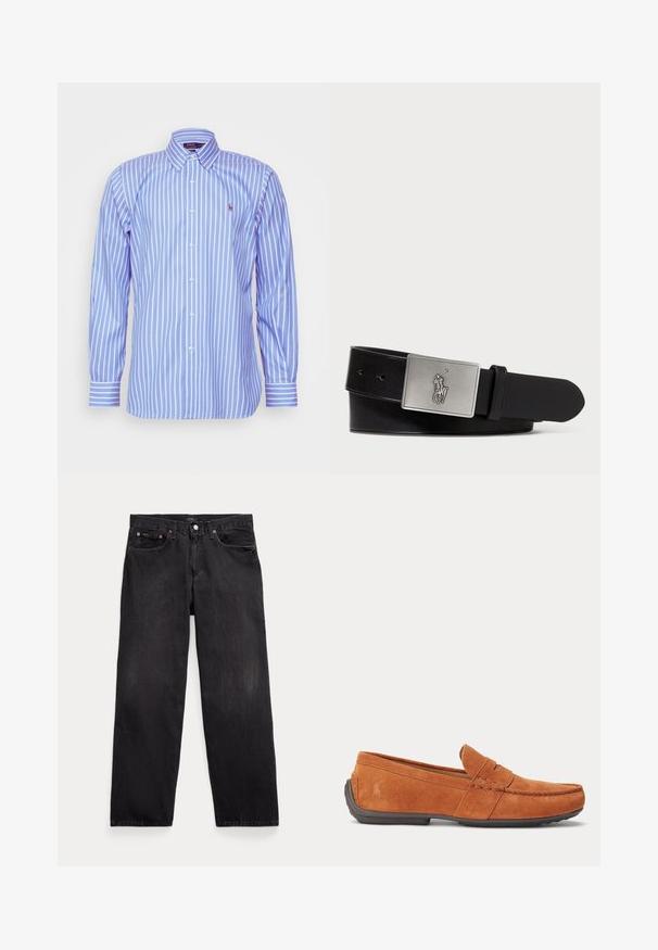 Polo Ralph Lauren CUSTOM FIT STRIPED PINPOINT OXFORD SHIRT - Pluus - blue/white; Mustad sirgete lõikega teksapüksid viie tasku, nööpidega kinnituse ja nähtavate metallnappidega esimestel taskutel.; Meeste pruun seemisnahast loafer õmblusedetailidega, peal münditasku ja tumeda kummipõhjaga.; Must mustra nahkavöö, millel on ristküliku kujuline hõbedane metallist pandla, millel on reljeefne hobusemehe logo, sile pind ja viis vööauku.