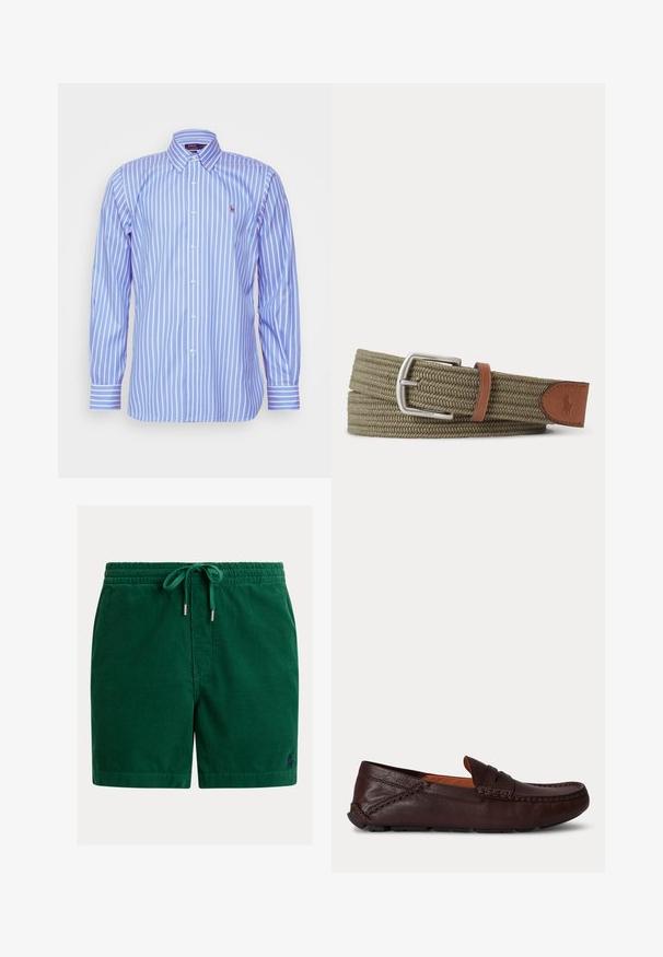 Polo Ralph Lauren CUSTOM FIT STRIPED PINPOINT OXFORD SHIRT - Πουκάμισο - blue/white; Πράσινα βερμούδα από κορδούρο με ελαστική μέση και κορδόνι, με μικρό κεντητό λογότυπο στο κάτω αριστερό πόδι.; Σκούρο καφέ δερμάτινο ανδρικό loafers με ραφτά λεπτομέρειες και λαστιχένια σόλα, εμφανίζεται από το πλάι σε απλό φόντο.; Πλεκτή ζώνη σε ελαιόπρασινο χρώμα με ασημένια αγκράφα και καφέ δερμάτινες λεπτομέρειες, συμπεριλαμβανομένης ραμμένης ετικέτας με λογότυπο στο τέλος.