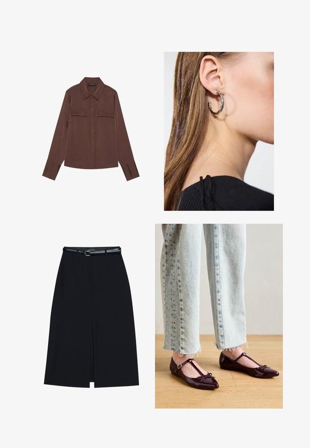 Chemise marron à manches longues avec un col, dotée de deux poches poitrine et d'une texture lisse, fabriquée en tissu léger.; Jupe noire à mi-cuisse avec une fente frontale, fabriquée en tissu lisse. Comprend une fine ceinture noire avec une boucle en argent et des passants.; Ballerines bordeaux brillantes avec une bride en T, ornées d'un nœud à l'avant. Portées avec un jean court en denim bleu clair.; Boucle d'oreille en argent avec une finition polie, présentant de petits détails en or et de forme ronde, portée sur le lobe.