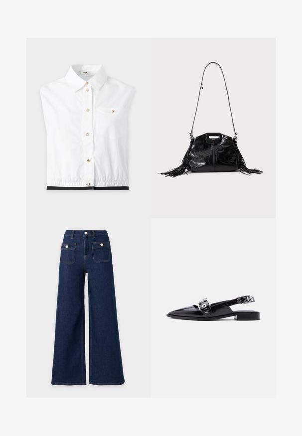 Chemise blanche sans manches avec boutons dorés, col, petite poche poitrine et ourlet élastique sur fond uni.; Jeans en denim bleu foncé à jambes larges, taille haute et deux poches avant à rabat avec boutons.; Ballerine pointue en cuir verni noir avec double boucle argentée et talon slingback sur fond blanc.; Sac à main en cuir noir brillant avec une longue fine bandoulière et des pompons à franges des deux côtés sur un fond clair.