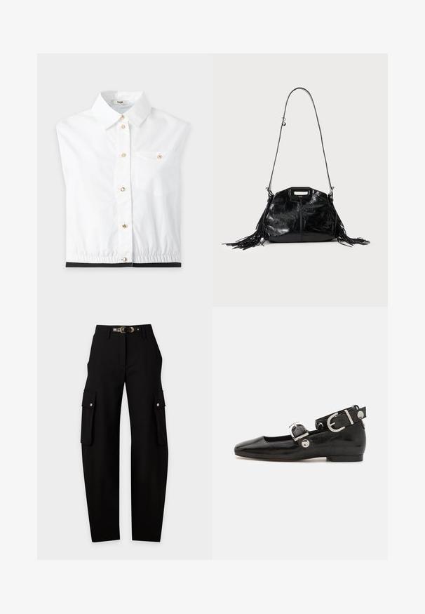 Chemise blanche sans manches avec boutons dorés, col, petite poche poitrine et ourlet élastique sur fond uni.; Pantalon cargo noir taille haute avec poches à rabat latérales et une fine ceinture noire avec des détails de boucle dorée.; Ballerine en cuir verni noir avec un bout carré, sangle de cheville avec des détails en métal argenté et semelle plate. Texture lisse avec un design minimaliste.; Sac à main en cuir noir brillant avec une longue fine bandoulière et des pompons à franges des deux côtés sur un fond clair.