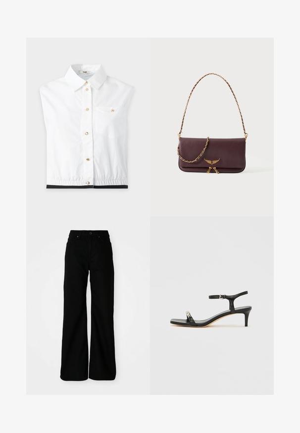 Chemise blanche sans manches avec boutons dorés, col, petite poche poitrine et ourlet élastique sur fond uni.; Pantalons larges noirs en denim. Présentent une taille ajustée, des poches avant et une fermeture à bouton. Texture lisse avec un minimum de détails.; Sandale noire en cuir à talon avec bride à la cheville, bout ouvert, devant carré et accent en métal argenté. Design ajusté avec un profil élégant.; Sac à main en cuir marron foncé avec bandoulière chaîne dorée, emblème ailé doré et double fermeture éclair sur le rabat avant.