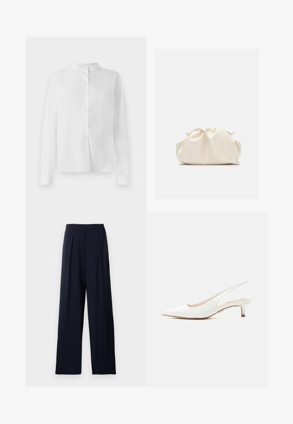 Witte lange mouwen blouse met mandarijnkraag en verborgen knoopsluiting, weergegeven op een witte achtergrond.; Navy wijde pantalons met plooien, gemaakt van zacht materiaal. Heeft een soepele tailleband en een eenvoudige uitstraling voor veelzijdig gebruik.; Witte leren slingbackschoen met puntige neus en lage kittenhak op een effen lichte achtergrond.; Zachte, crèmekleurige leren clutch met geplooid, gerimpeld ontwerp en een dunne schouderriem die vooraan op een effen achtergrond ligt.