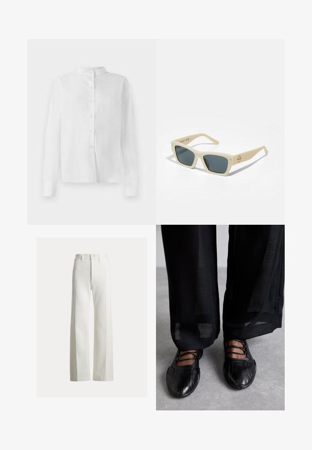 Camisa blanca de manga larga con cuello mao y botonera oculta, presentada sobre fondo blanco.; Pantalones de pierna ancha y talle alto en denim blanco. Presentan un frente limpio con cierre de botón oculto y costuras sutiles para dar estructura.; MIISTA AVERIE - Bailarinas con hebilla - black; Tory Burch Gafas de sol - warm ivory