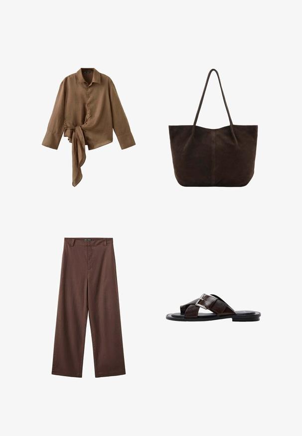 Chemise marron à manches longues avec boutons, larges poignets et détail asymétrique avec nœud à la taille.; Pantalon marron à jambes larges avec passants pour ceinture et fermeture éclair frontale dissimulée, en tissu lisse.; Sandale en cuir marron foncé avec des brides croisées et une boucle argentée sur une semelle plate noire, vue de côté sur fond blanc.; Sac cabas en daim marron foncé avec de fines bretelles et un design simple, sans ornements, sur fond blanc.