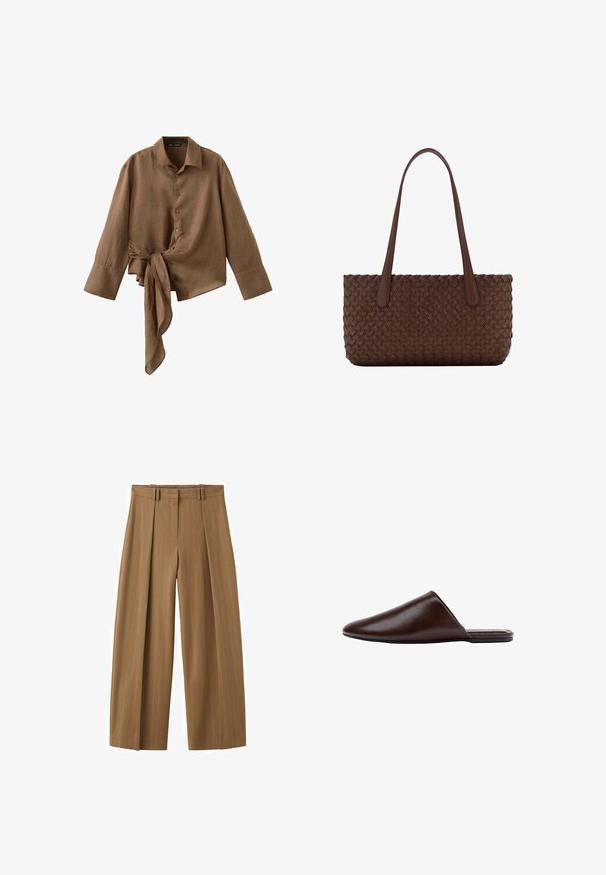 Chemise marron à manches longues avec boutons, larges poignets et détail asymétrique avec nœud à la taille.; Pantalon marron taille haute à jambes larges avec fines rayures, plis sur le devant, passants pour ceinture et fermeture éclair dissimulée sur le devant.; Mule en cuir marron foncé à enfiler, avec bout fermé pointu et semelle plate, vue de profil sur fond blanc.; Sac à main en cuir marron avec un motif tissé, avec deux longues anses fines pour un port à l'épaule.