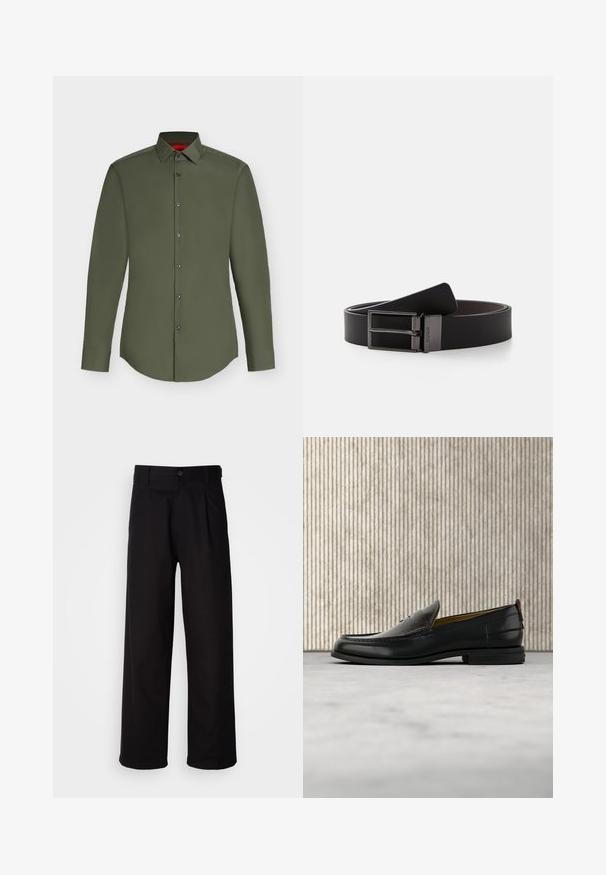 Chemise habillée homme à manches longues vert olive avec boutonnage frontal et col pointu, présentée sur un fond uni clair.; Pantalon noir en tissu lisse, avec une coupe droite, des plis à l'avant et une fermeture à bouton unique à la taille.; Mocassin pour homme en cuir noir avec un dessus embossé effet croco et un petit talon, présenté de profil sur un fond neutre.; Ceinture en cuir noir avec une finition lisse, dotée d'une boucle en métal argenté et de deux pattes, conçue pour un look épuré et minimaliste.
