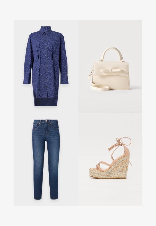 Mørkeblå lang skjortekjole, knaplukning fortil, hvid prikket mønster, krave, lange ærmer, sideslids ved kanten, bomuldsstof.; GAP SKINNY HAVEL - Jeans Skinny Fit - dark wash; Skudsandaler med en vævet jute base, beige syntetiske remme og flettede sølvdetaljer. Har en høj hæl med snørelukning.; Lille beige håndtaske med top-håndtag, aftagelig rem, forreste klap og dekorativ vandret sløjfe på en ensfarvet baggrund.