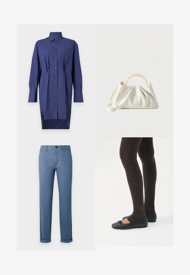 Navyblauwe lange hemdjurk, knoopsluiting aan de voorkant, witte stippenpatroon, kraag, lange mouwen, zijsplitten aan de zoom, van katoen.; Blauwe casual broek met knoopsluiting, riemlussen, zijzakken en manchetten bij de enkels tegen een witte achtergrond.; Benen met donkere geribbelde leggings gecombineerd met zwarte ballerina's met kleine strikdetails op een witte achtergrond.; Kleine witte handtas met een gerimpeld lichaam, ronde handgreep versierd met parels en een afneembare schouderriem tegen een effen achtergrond.