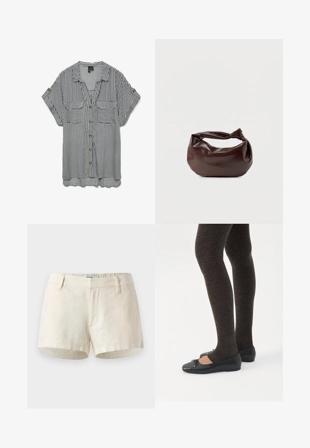 Sort og hvid kortærmet skjorte med lodrette striber, to forlommer og opsmøgede ærmer, der er fastgjort med knapper.; Lys beige shorts lavet af linned. Har en flad talje, frontlommer og en ren kant. Simpelt, minimalistisk design.; Ben iført mørke ribbede leggings kombineret med sorte balletsko med små sløjfedetaljer på hvid baggrund.; Mørkebrun læder skuldertaske med en blød, afslappet form og et snoet knudehåndtag på en ensartet hvid baggrund.