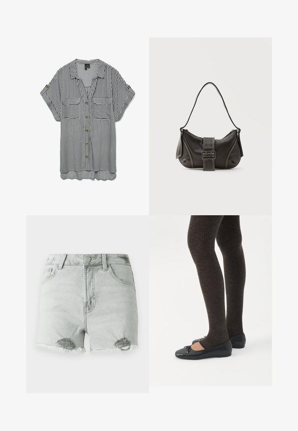 Sort og hvid kortærmet skjorte med lodrette striber, to forlommer og opsmøgede ærmer, der er fastgjort med knapper.; Lys grå denimshorts med høj talje, slidte detaljer og fransede kanter, samt to frontlommer. Stoffet ser blødt og slidt ud.; Ben iført mørke ribbede leggings kombineret med sorte balletsko med små sløjfedetaljer på hvid baggrund.; Sort læder skuldertaske med spænde på remmen, afrundede kanter og kontrasterende hvide syninger på en ensfarvet baggrund.