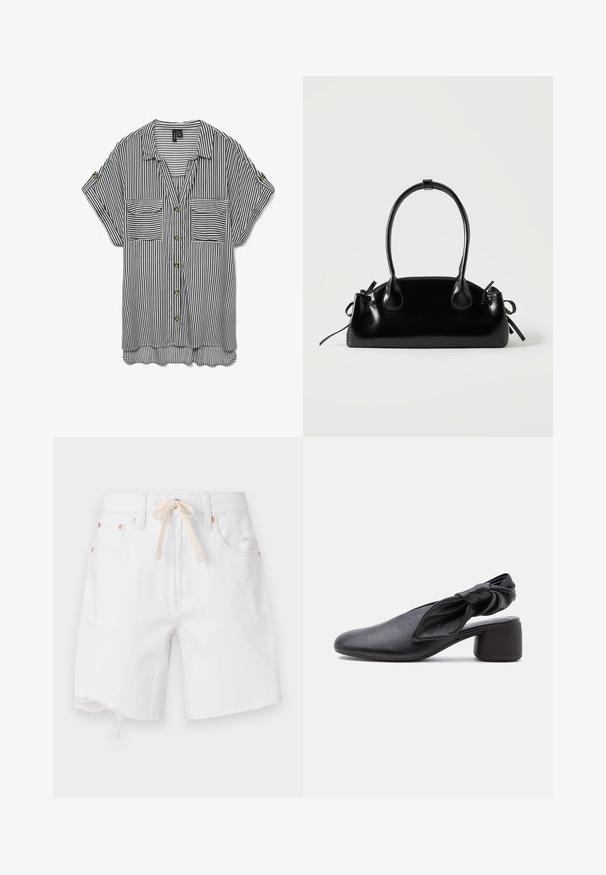 Sort og hvid kortærmet skjorte med lodrette striber, to forlommer og opsmøgede ærmer, der er fastgjort med knapper.; Hvide denimshorts med en rå kant, materiale i bomuldsblanding og en beige snor. Har kobberfarvet hardware og sidelommer.; Sort læder slingback-sko med rundet tå, detaljer med knyttet rem og lav blokhæl på hvid baggrund.; Lille sort blank håndtaske med to lange håndtag og snøre-detaljer i siden på en ensfarvet lys baggrund.