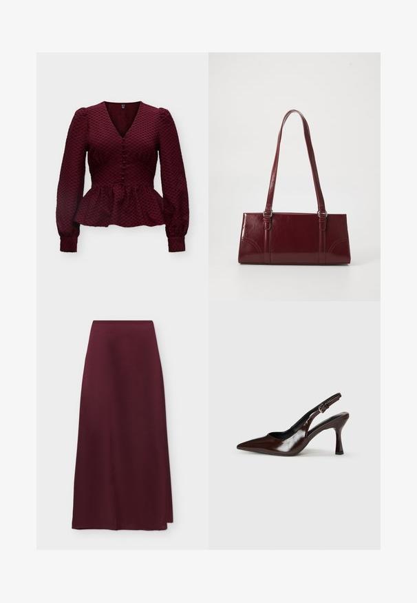 Blouse bordeaux texturée à manches longues avec col en V, boutons recouverts de tissu sur le devant, épaules bouffantes, taille cintrée et bas peplum.; Jupe midi trapèze bordeaux avec une texture lisse, satinée et une taille haute, présentée sur un fond blanc.; Talons slingback en cuir verni brun avec un bout pointu, un talon fin, et une sangle réglable avec une petite boucle.; Sac à main bordeaux en matériau brillant, de forme rectangulaire, avec deux anses et des accents légèrement courbés à l'avant.