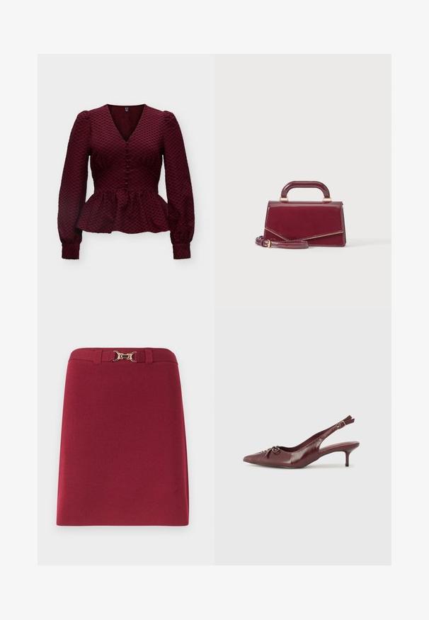 Blouse bordeaux texturée à manches longues avec col en V, boutons recouverts de tissu sur le devant, épaules bouffantes, taille cintrée et bas peplum.; Jupe bordeaux longueur genou avec passants de ceinture et détail boucle mors dorée à la taille.; Talons slingback en cuir bordeaux avec un embout pointu, une sangle ajustable et un détail de nœud décoratif à l'avant. Hauteur du talon de 7,5 cm.; Petit sac à main bordeaux brillant avec une poignée supérieure et une bandoulière détachable, présenté sur un fond clair uni.