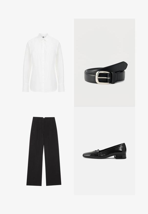Witte langemouwen shirt van katoen, met een klassieke kraag, knopen aan de voorkant en een rechte zoom met iets afgeronde randen.; Anna Field Broek - black; Zwarte laarzen van gepatenteerd leer met een puntige neus, een lage vierkante hak en een kleine metalen gespdetail op de band. Gladde textuur.; Zwarte leren riem met een zilveren rechthoekige gesp, opgerold en liggend op een witte ondergrond.
