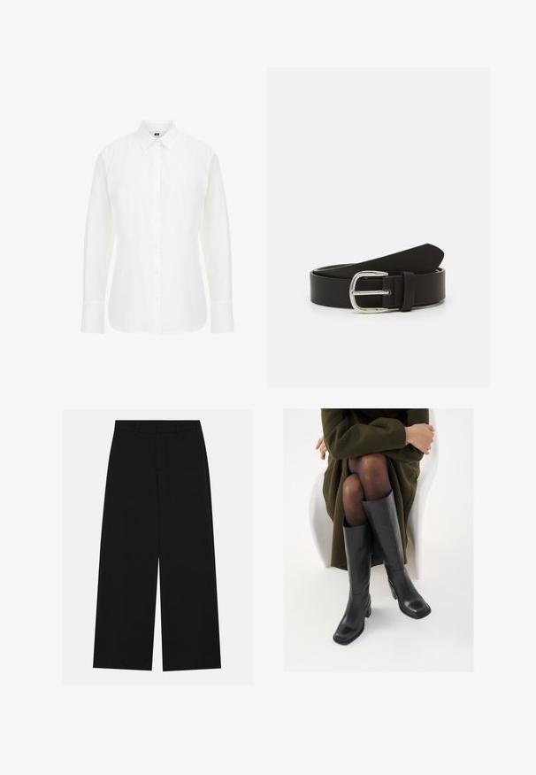 Camisa blanca de manga larga hecha de algodón, con un cuello clásico, botones en la parte delantera y un dobladillo recto con bordes ligeramente redondeados.; Pantalones negros de pierna ancha hechos de una tela suave. Presentan una cintura plana con pasadores de cinturón y sin bolsillos visibles. Diseño sencillo.; Botas de cuero negro hasta la rodilla con puntera cuadrada y tacón de bloque, presentadas con un modelo sentado en un abrigo verde oliva. Textura suave, mínimo detalle.; Cinturón de cuero negro con una textura suave, que presenta una hebilla de metal plateada y un extremo estrechado. Diseño simple y clásico.