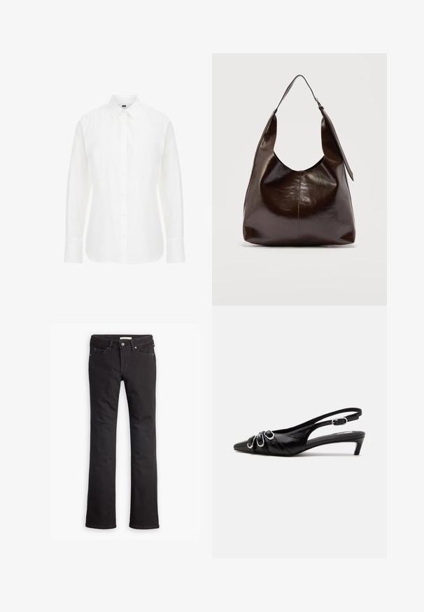 Hvid langærmet skjorte lavet af bomuld, med en klassisk krave, frontknapper og lige kant med let afrundede kanter.; Sorte jeans lavet af denim, med lige ben-design, standard talje, fem lommer og diskrete syninger.; Sort læder slingback sko med spids tå, tre sølvspænder på forsiden og lav lille hæl på hvid baggrund.; Mørkebrunt, skinnende læder skuldertaske med en enkelt bred rem og spændedetalje på den ene side, sat mod en ensartet lys baggrund.