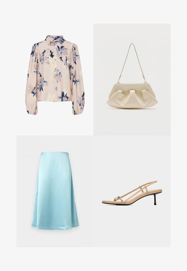 Blusa de manga larga con cuello, base beige, estampado floral abstracto en tonos azules y marrones, cierre frontal de botones y puños elásticos.; Falda midi de satén azul claro con una ligera campana y textura suave, mostrada sobre un fondo blanco.; Sandalia beige con tiras finas, lazo delgado para el dedo, dos tiras laterales, tira trasera, plantilla acolchada y tacón medio delgado en negro.; Bolso de mano suave de color crema con pliegues recogidos y una correa delgada para el hombro con herrajes dorados.