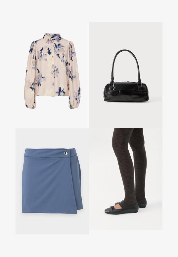 Blusa de manga larga con cuello, base beige, estampado floral abstracto en tonos azules y marrones, cierre frontal de botones y puños elásticos.; Falda azul estilo cruzado con una cintura alta y un cierre de botón plateado en el lado derecho, presentada sobre un fondo blanco.; Piernas con leggings oscuros acanalados combinados con bailarinas negras que presentan pequeños detalles de lazo sobre un fondo blanco.; Bolso de mano de cuero negro con forma rectangular, equipado con un asa estructurada, herrajes en plata y cierre de cremallera. Textura suave.
