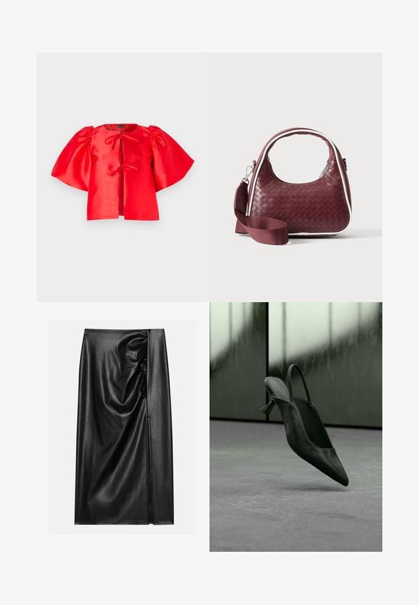 Blusa de satén roja con mangas cortas y voluminosas, y cierre con lazo en la parte delantera. Textura suave y diseño corto, con un escote abierto.; Falda de cuero negro con una textura suave, con una sección fruncida en un lado y una abertura lateral para añadir detalle.; Zapato de tacón alto con punta puntiaguda y talón destalonado de cuero negro flotando sobre un suelo alfombrado gris, fondo de pared verdosa borrosa.; Bolso de mano de cuero tejido color granate con asa curva, ribete blanco, cremallera plateada y correa desmontable de tela ancha para el hombro sobre fondo liso.