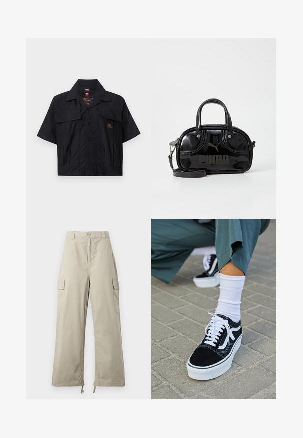 Schwarzes kurzärmeliges Hemd mit durchgehender Knopfleiste, zwei Brusttaschen und einem kleinen Logopatch. Hergestellt aus einem leichten, strukturierten Stoff.; Helle beige Cargo-Hosen mit lockerer Passform, ausgestattet mit einem Knopfverschluss, seitlichen Taschen und verstellbarem Saum mit Bändern. Glatte Stoffoberfläche.; Schwarze Wildledersneaker mit weißen Akzenten und Schnürsenkeln, ausgestattet mit einer dicken weißen Sohle und kontrastierenden Nähten, kombiniert mit einer weißen Socke.; Schwarze Lacklederhandtasche mit doppelten Griffen oben, abnehmbarem Schulterriemen, runder Form und hervorgehobenem geprägten "PUMA"-Logo.