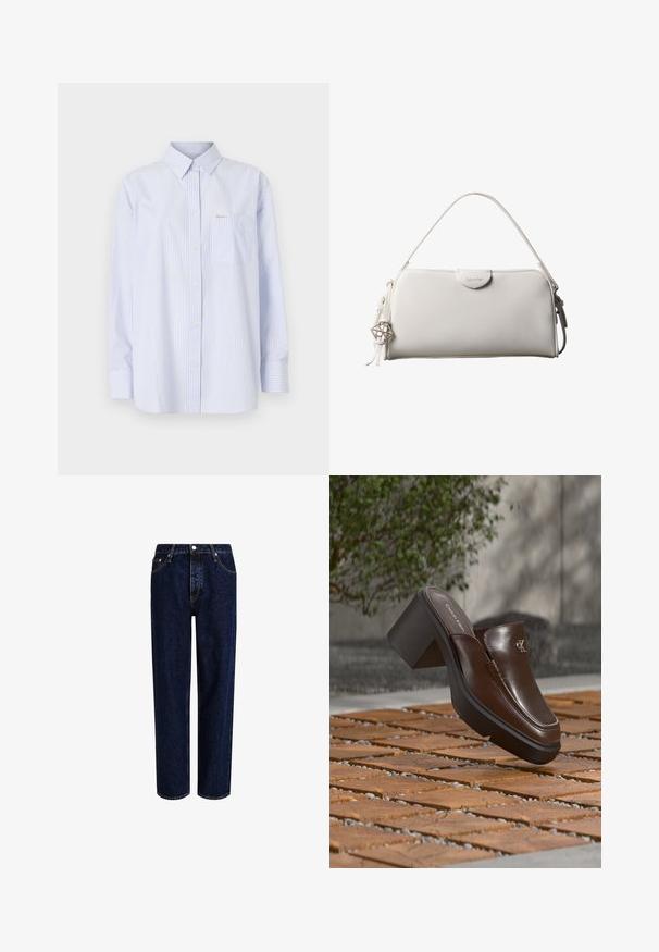 Lichtblauw en wit gestreept overhemd met knopen, met een klassieke kraag, lange mouwen, een voorkant pocket en een klein logo label.; Donkerblauwe denim jeans met een straight-leg ontwerp, voorzien van een hoge taille, vijf zakken en contrasterende stiksels. Geen versieringen.; Bruine leren Calvin Klein mule met hak die boven houten tegelvloer zweeft met een vervaagde groene plant en muur op de achtergrond.; Witte rechthoekige Calvin Klein handtas met enkele handgreep, minimalistisch ontwerp en decoratieve kwastjes met geometrische metalen hanger aan de zijkant.