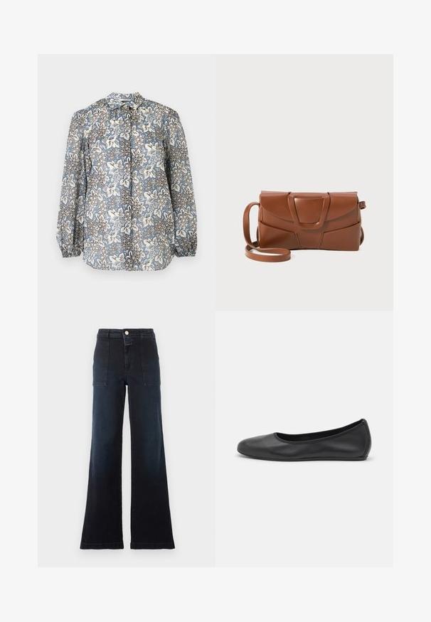 Blouse à manches longues avec motif floral bleu, blanc et noir, devant boutonné, poignets froncés sur fond gris clair.; Jean bleu foncé taille haute, jambe large, avec poches plaquées devant, passants pour ceinture et fermeture par bouton sur fond uni clair.; Ballerines en cuir noir avec un bout rond, texture lisse, détails de couture minimalistes et design de semelle flexible.; Sac à main en cuir marron au design élégant, avec un rabat structuré, un fermoir marqué et une bandoulière réglable pour plus de polyvalence.